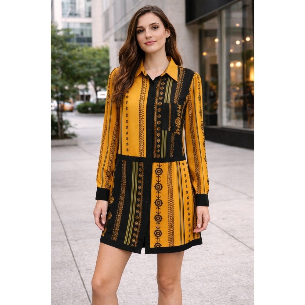 House of Harlow Yellow Black Satin Shirt Dress Mini Long Sleeve Button Front XS